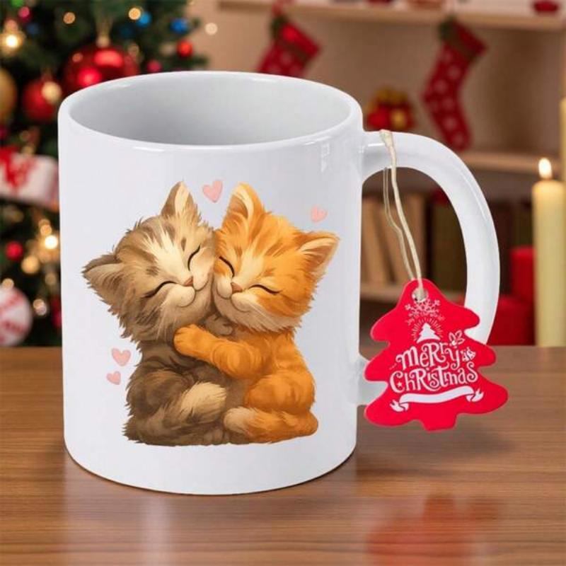 Tailorly White Ceramic 11 oz Mug - Merry Christmas Two Adorable Fluffy Kittens Hugging Tightly Surrounded By Floating Soft Pink Cats