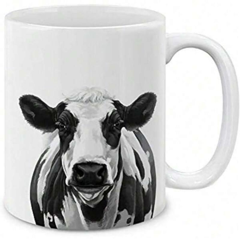 Tailorly White Ceramic 11 oz Mug - Artistic Monochrome Portrait Of A Peaceful Domestic Farm Animal Holstein Friesian Cow