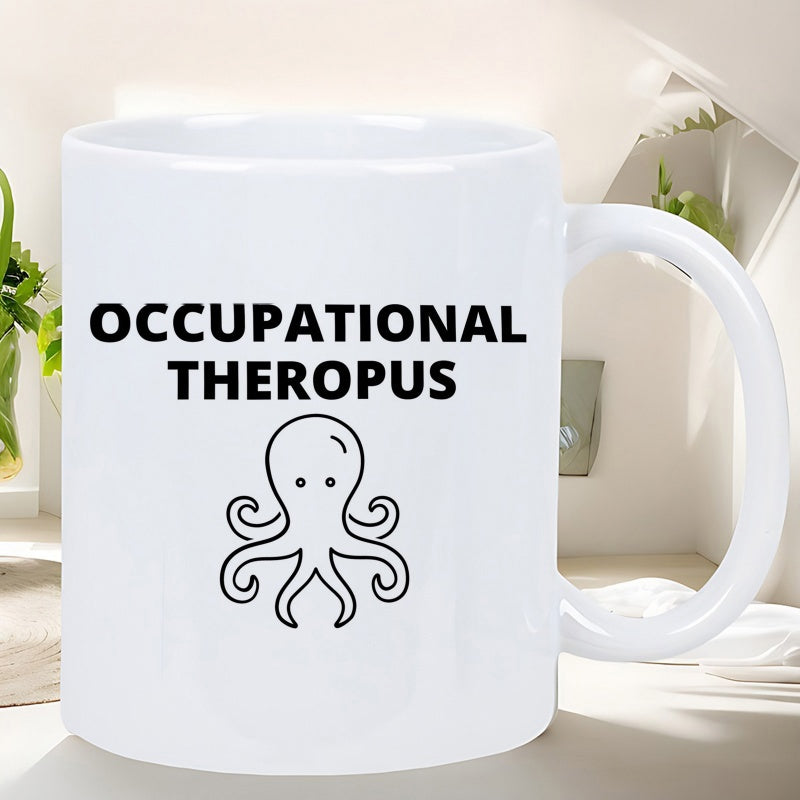 Tailorly White Ceramic 11 oz Mug - Occupational Theropus Minimalist Black Outline Drawing Of A Friendly Floating Marine Creature Octopus