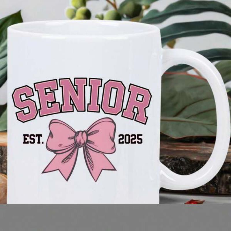 Tailorly White Ceramic 11 oz Mug - Senior Est 2025 Pink Coquette Style Ribbon With Artistic Lettering For Graduation Celebration Bow