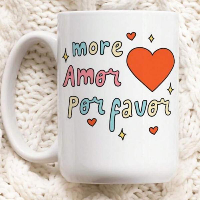 Tailorly White Ceramic 11 oz Mug - More Vibrant Colorful Retro Bubble Letters Among Red Hearts And Sparkling Stars Mug