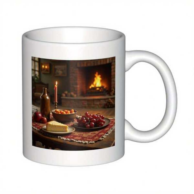 Tailorly White Ceramic 11 oz Mug - Warm Interior With Burning Fire And Snacks On Wooden Table Fireplace