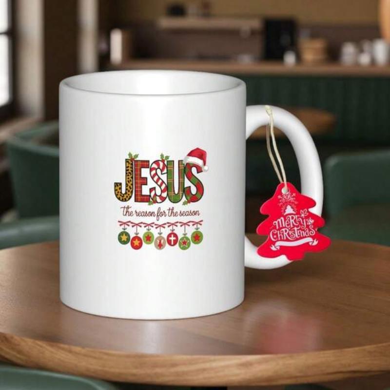 Tailorly White Ceramic 11 oz Mug - Jesus The Reason For The Season Festive Patterns With Santa Hat And Colorful Baubles Hanging Below Mug