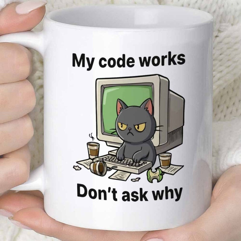 Tailorly White Ceramic 11 oz Mug - My Code Works Don't Ask Why Grumpy Black Cat Working On Retro Desktop Computer Cat