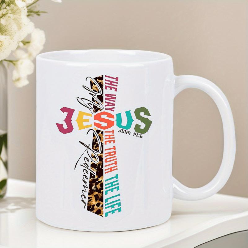 Tailorly White Ceramic 11 oz Mug - Jesus The Way The Truth The Life Colorful Patchwork Letters With Leopard Print Details Christian Cross
