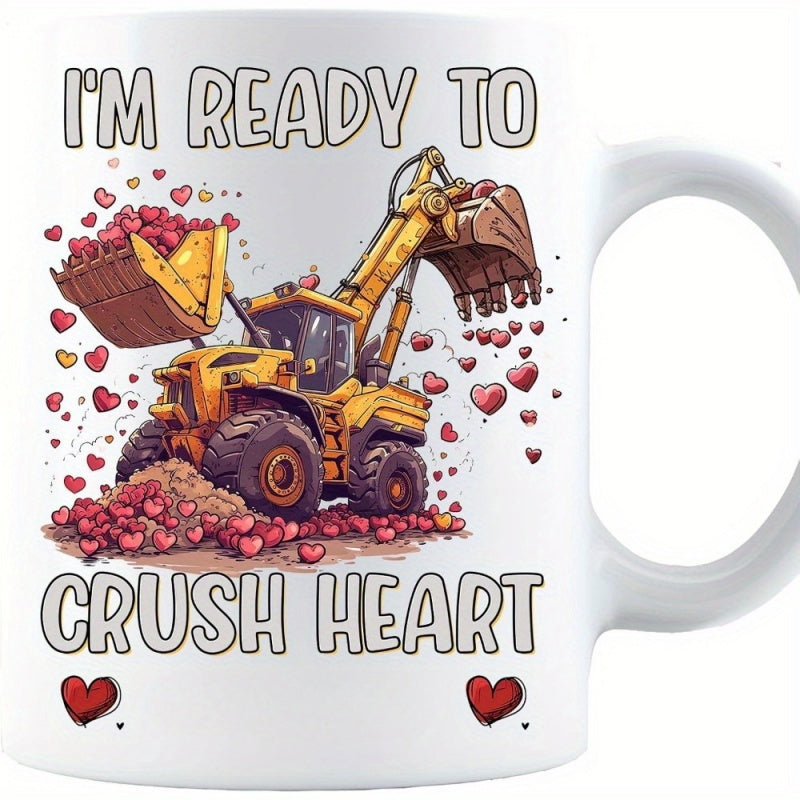 Tailorly White Ceramic 11 oz Mug - Im Ready To Crush Heart Industrial Yellow Machinery Lifting Red Love Symbols Among Scattered Little Hearts Excavator