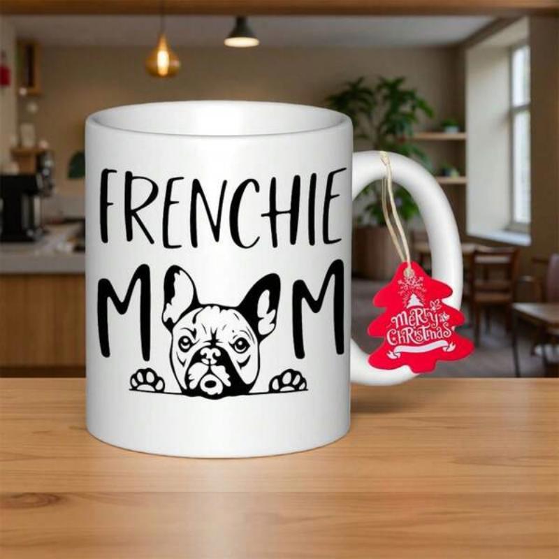 Tailorly White Ceramic 11 oz Mug - Frenchie Mom Minimalist Line Art Featuring A Cute Peeking Small Pet Silhouette French Bulldog