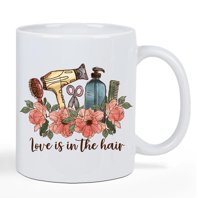 Tailorly White Ceramic 11 oz Mug - Love Is In The Hair Vintage Hairdressing Tools And Peach Flowers Nestled Among Elegant Green Leaves Hairdryer