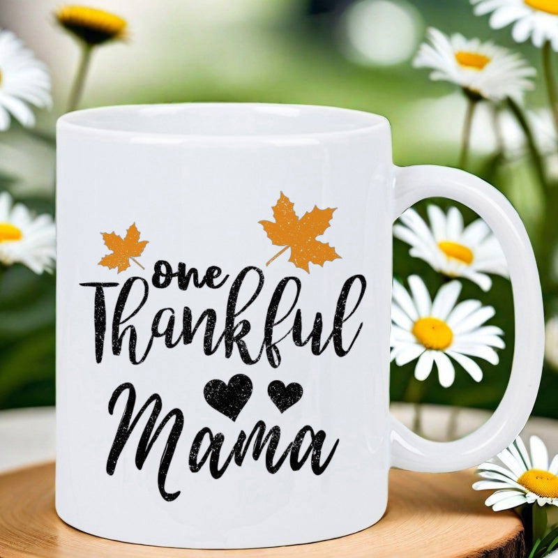 Tailorly White Ceramic 11 oz Mug - One Thankful Mama Golden Orange Autumn Leaves With Elegant Script And Small Black Hearts Leaf