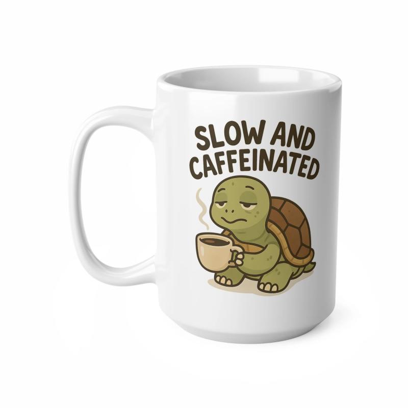 Tailorly White Ceramic 11 oz Mug - Slow And Caffeinated Adorable Sleepy Green Tortoise Holding Steaming Coffee Cup With Brown Shell Turtle