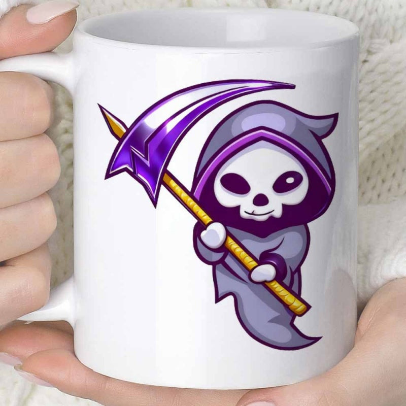 Tailorly White Ceramic 11 oz Mug - Stylized Purple Cartoon Grim Reaper Holding Large Scythe In Floating Pose Reaper