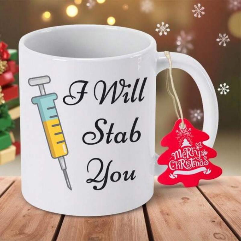 Tailorly White Ceramic 11 oz Mug - I Will Stab You Medical Syringe Filled With Yellow And Blue Liquid Syringe