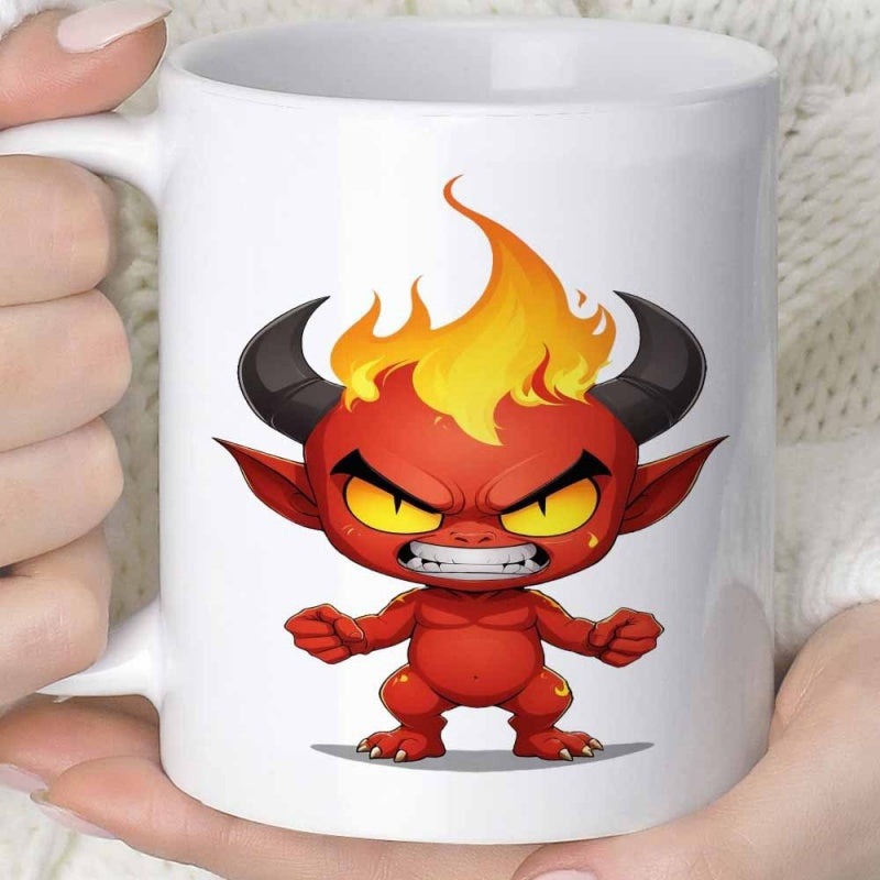 Tailorly White Ceramic 11 oz Mug - Fierce Red Cartoon Character With Flaming Hair And Pointy Black Horns Demon