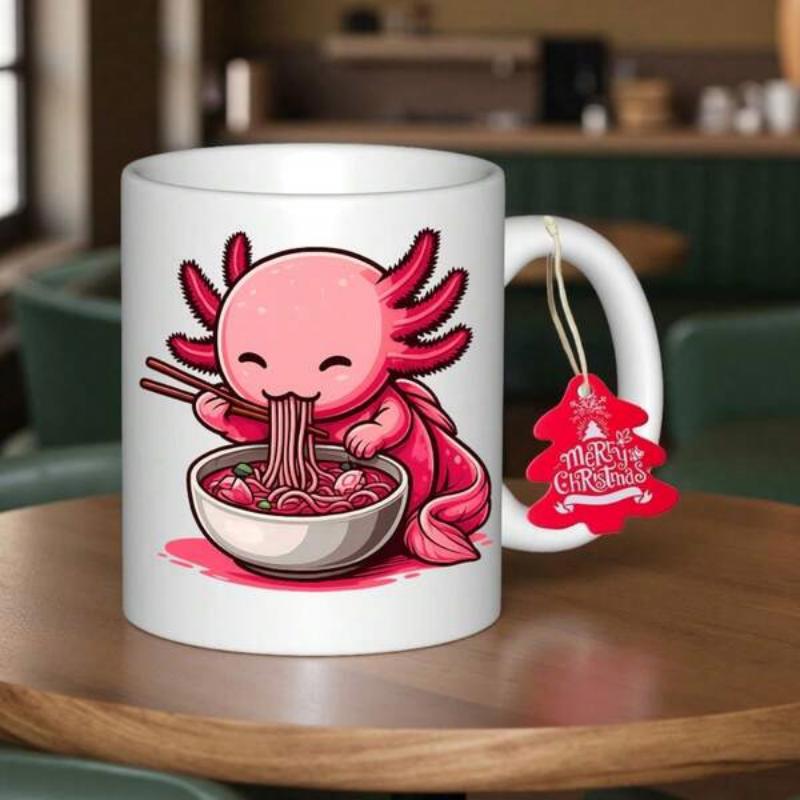 Tailorly White Ceramic 11 oz Mug - Cheerful Pink Cartoon Character Happily Slurping Hot Ramen From A Bowl Axolotl