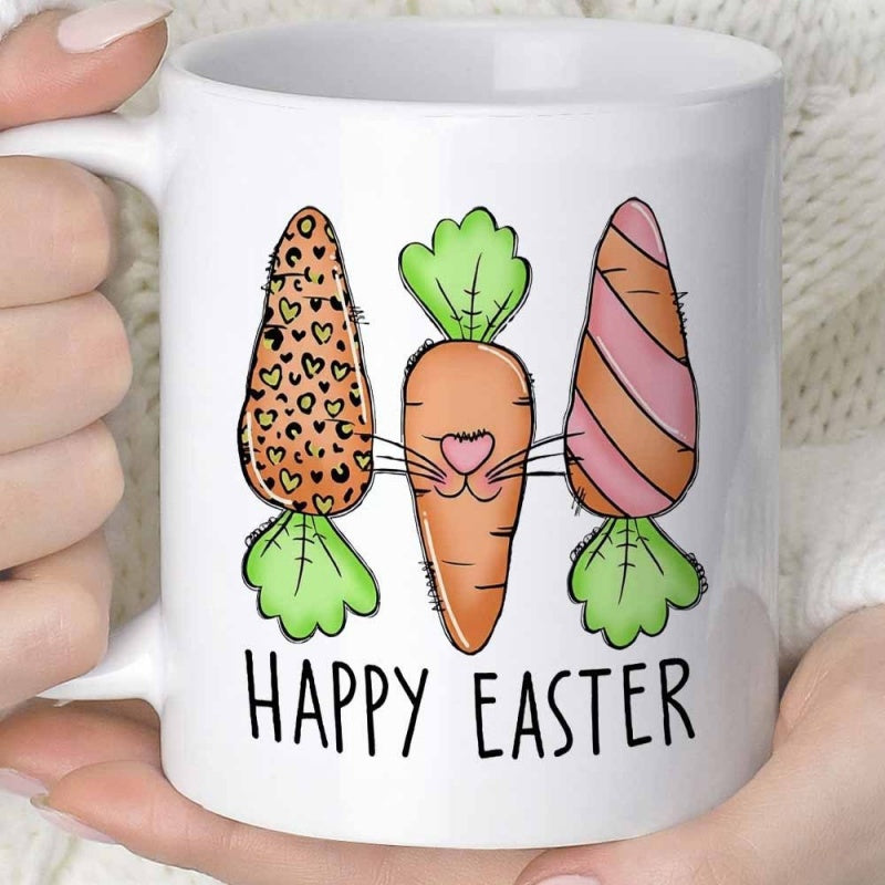 Tailorly White Ceramic 11 oz Mug - Happy Easter Whimsical Decorated Carrots With Leopard Hearts And Pink Stripes Carrot