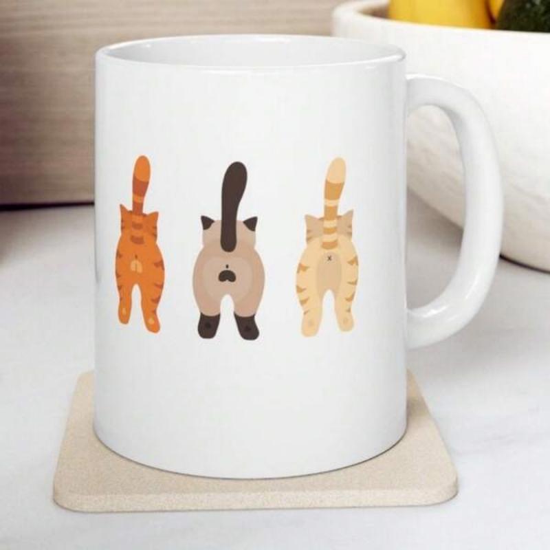 Tailorly White Ceramic 11 oz Mug - Three Playful Cartoon Feline Figures Standing Together Showing Their Tails Cat