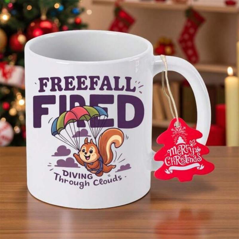 Tailorly White Ceramic 11 oz Mug - Freefall Fired Diving Through Clouds Playful Animated Character With Multi Colored Parachute Gliding Among Clouds Squirrel