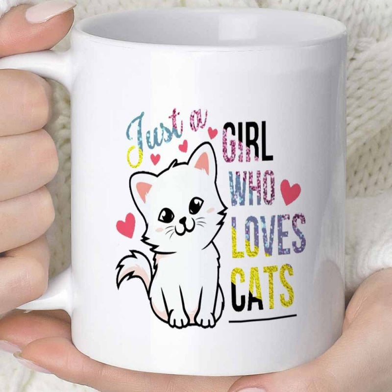 Tailorly White Ceramic 11 oz Mug - Just A Girl Who Loves Cats Adorable White Kitten Surrounded By Tiny Pink Hearts Character Cat