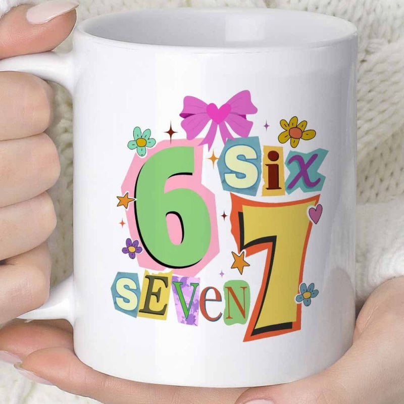 Tailorly White Ceramic 11 oz Mug - Six Seven Colorful Retro Graphic Style Featuring Flowers Stars And Pink Ribbon Number