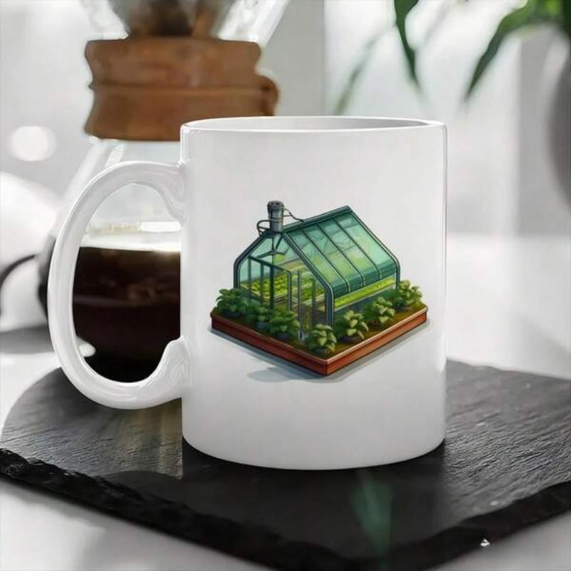 Tailorly White Ceramic 11 oz Mug - Miniature Glass Garden With Lush Green Plants Inside A Small Greenhouse