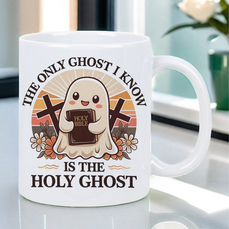 Tailorly White Ceramic 11 oz Mug - The Only Ghost I Know Is The Holy Ghost Adorable Spirit Holding Bible Standing Between Crosses Under Vintage Sunset Ghost