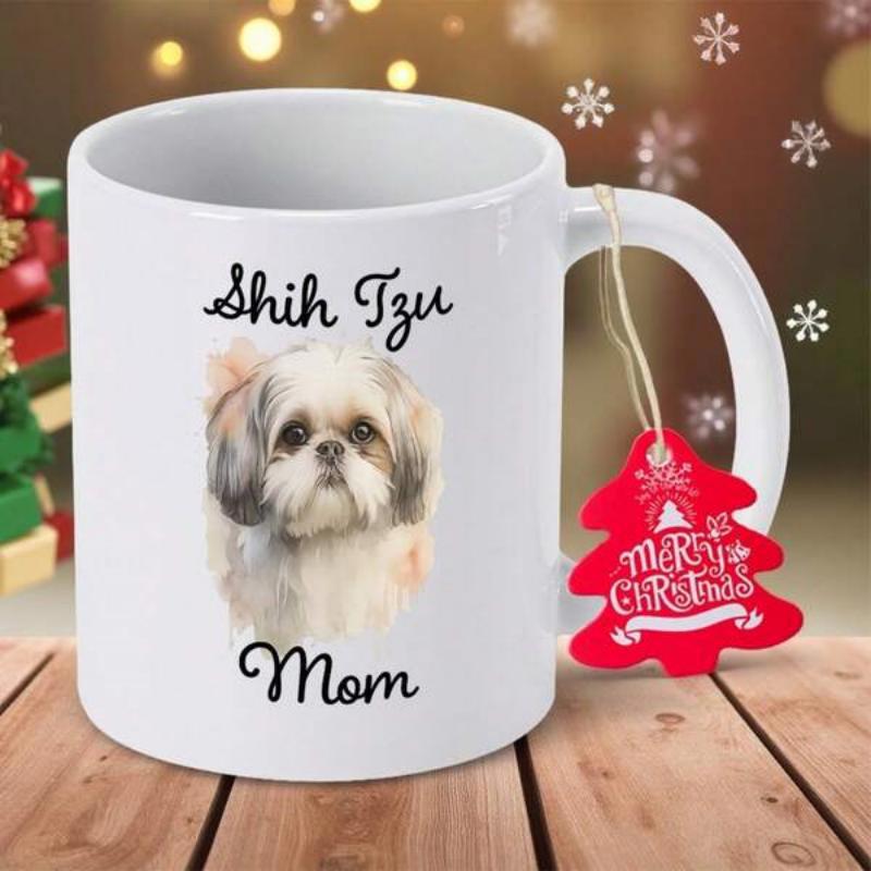 Tailorly White Ceramic 11 oz Mug - Shih Tzu Mom Realistic Fluffy Dog Portrait Centered On Clean White Ceramic Shih Tzu