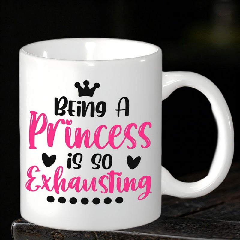 Tailorly White Ceramic 11 oz Mug - Being A Princess Is So Exhausting Minimalist Royal Black Crown Featuring Hearts And Decorative Horizontal Dotted Line Crown