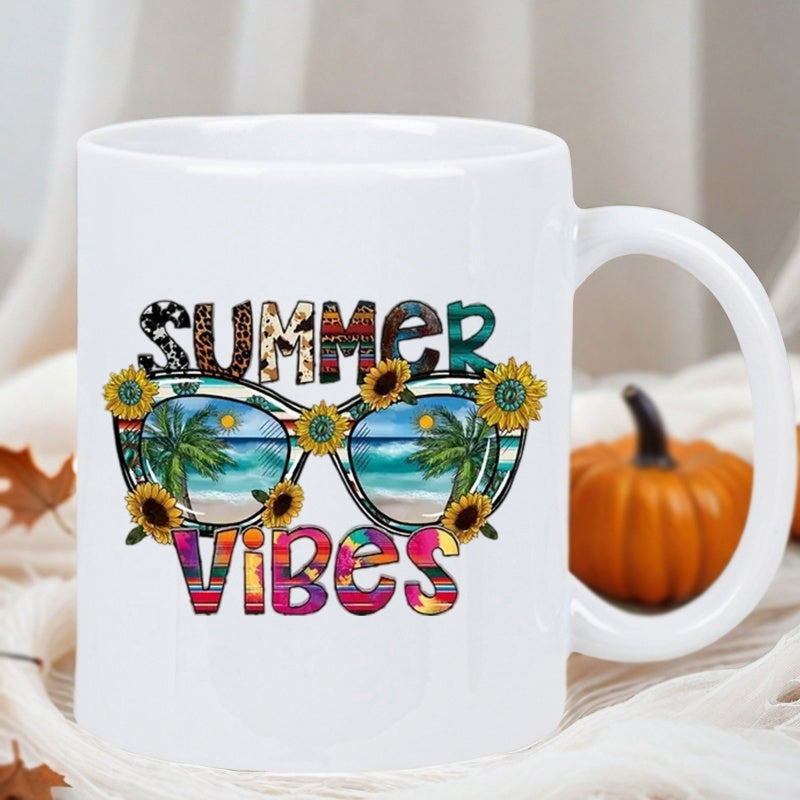Tailorly White Ceramic 11 oz Mug - Summer Vibes Vibrant Tropical Beach Scenery Within Stylish Sunglasses Decorated With Sunflowers Sunglasses