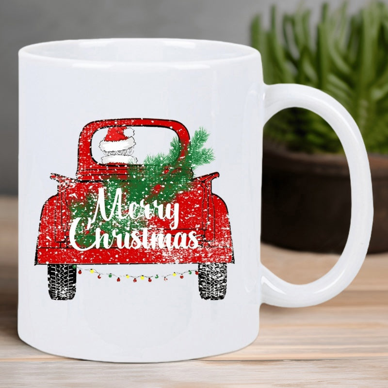 Tailorly White Ceramic 11 oz Mug - Merry Christmas Vintage Red Pickup Truck Carrying A Green Evergreen Pine Tree Truck