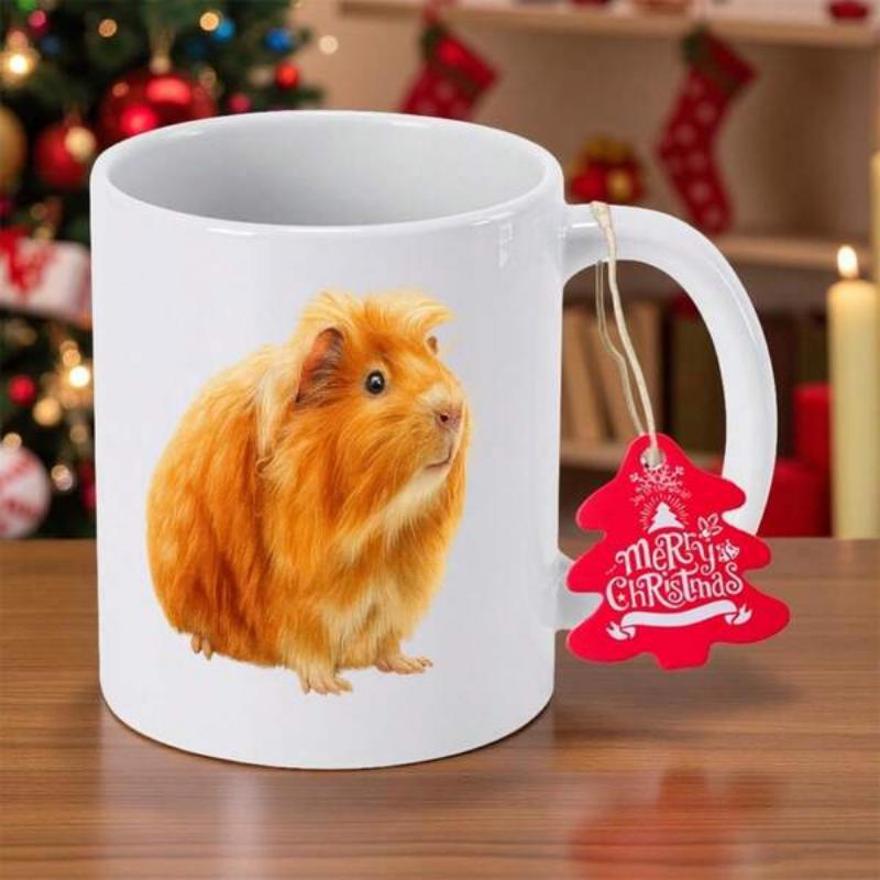 Tailorly White Ceramic 11 oz Mug - Adorable Long Haired Ginger Cavy Sitting Peacefully On White Surface Guinea Pig