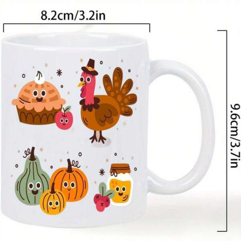 Tailorly White Ceramic 11 oz Mug - Adorable Cartoon Harvest Elements Featuring Smiling Pumpkins And Pilgrim Hat Turkey