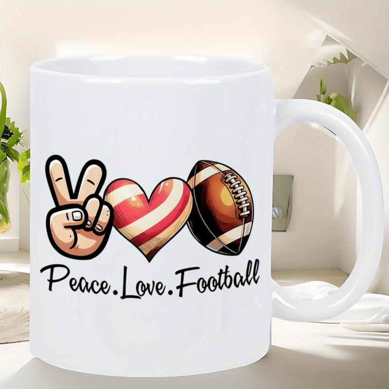Tailorly White Ceramic 11 oz Mug - Peace Love Football Peaceful Hand Sign With Striped Heart Beside A Sporty American Football