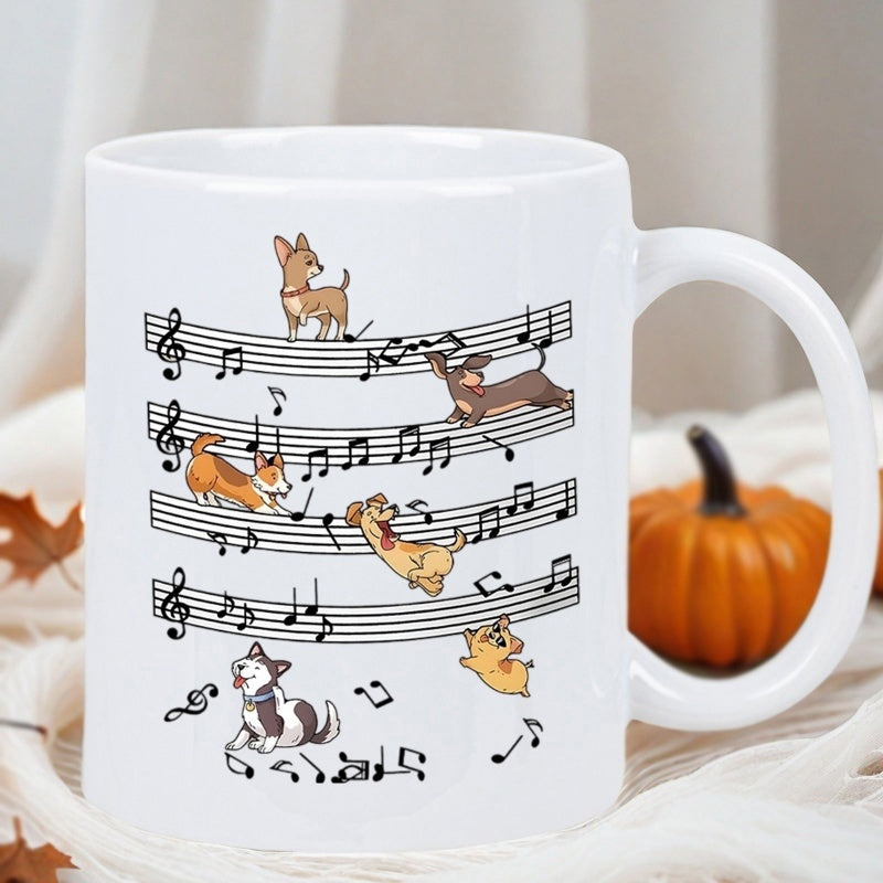 Tailorly White Ceramic 11 oz Mug - Playful Musical Notes With Happy Puppies Dancing On The Staff Lines Dog