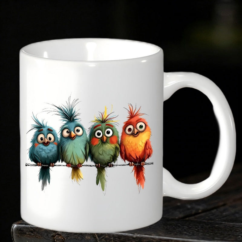Tailorly White Ceramic 11 oz Mug - Four Whimsical Colorful Fluffy Cartoon Creatures Perched On Thin Wire Birds