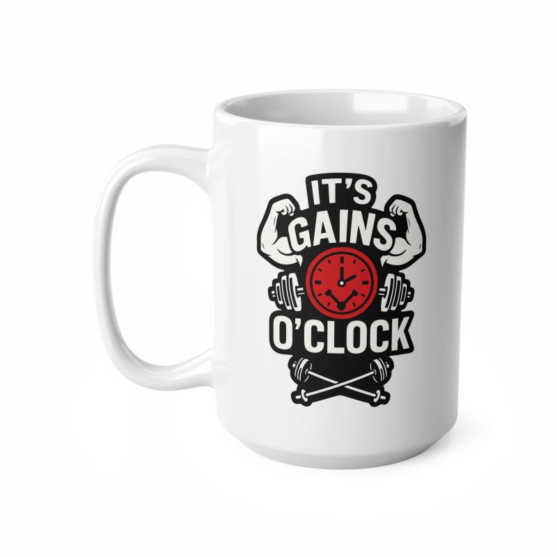 Tailorly White Ceramic 11 oz Mug - Its Gains Oclock Flexed Strong Muscle Arms With Red Clock And Crossed Heavy Barbells Mug