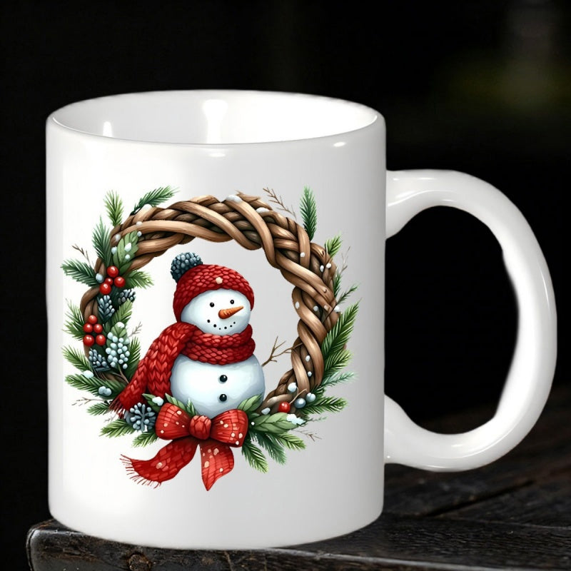 Tailorly White Ceramic 11 oz Mug - Snowy Winter Scene Featuring A Charming Snowman Inside A Rustic Wreath Snowman