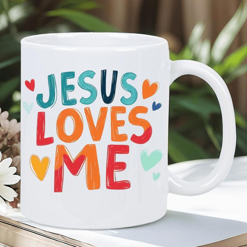 Tailorly White Ceramic 11 oz Mug - Jesus Loves Me Vibrant Multi Colored Hearts Scattered Around Bold Hand Lettered Artistic Typography Heart