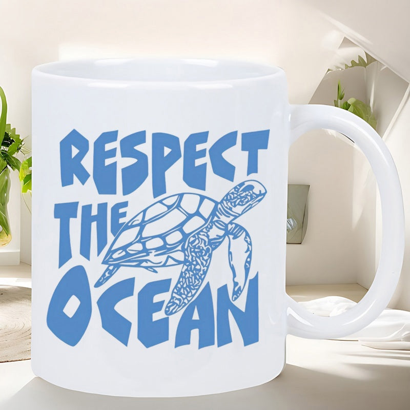 Tailorly White Ceramic 11 oz Mug - Respect The Ocean Serene Swimming Turtle Gliding Through Deep Waters With Intricate Shell Patterns Turtle