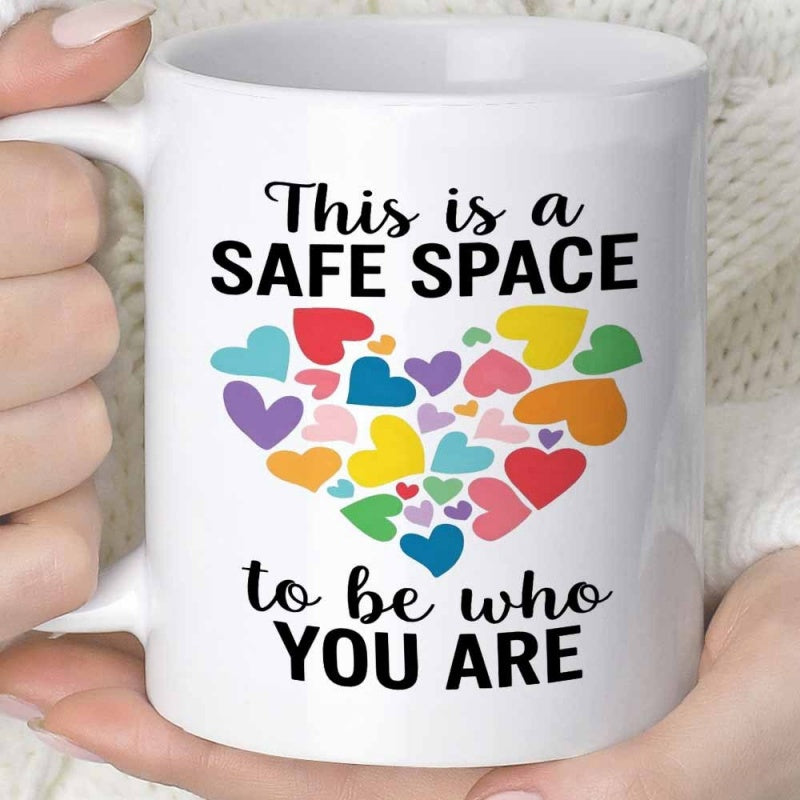 Tailorly White Ceramic 11 oz Mug - This Is A Safe Space To Be Who You Are Vibrant Rainbow Colored Tiny Hearts Forming A Large Decorative Symbol Heart