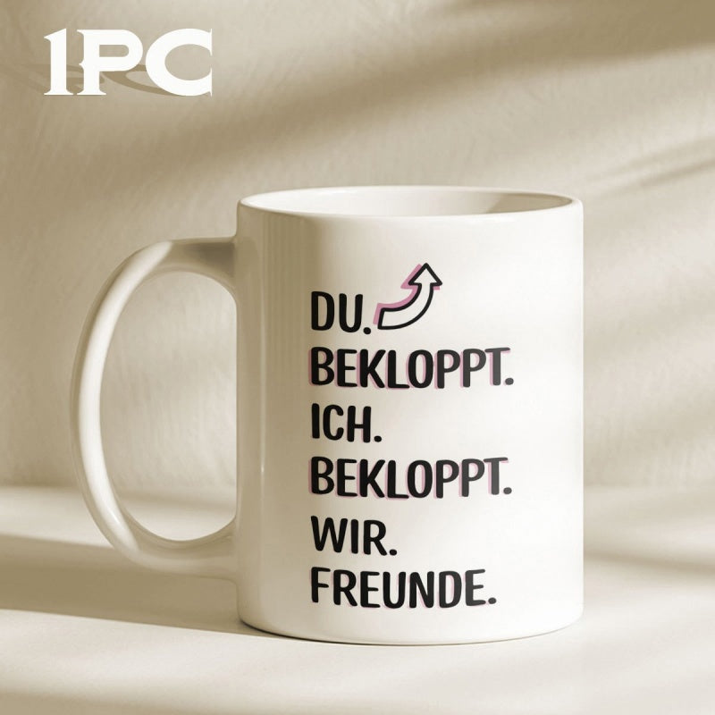 Tailorly White Ceramic 11 oz Mug - Minimalist White Ceramic Vessel With Humorous German Text And Arrow Mug