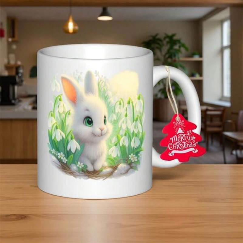 Tailorly White Ceramic 11 oz Mug - Merry Christmas Adorable Fluffy White Bunny Sitting Among Spring Flowers Rabbit