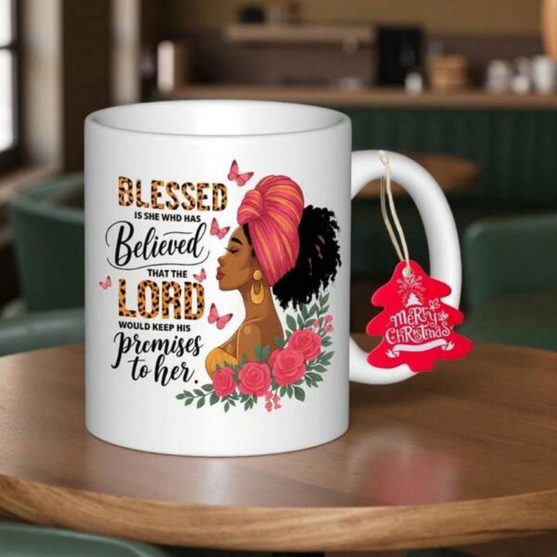 Tailorly White Ceramic 11 oz Mug - Blessed Is She Who Has Believed That The Lord Would Keep His Promises To Her Beautiful African Woman With Pink Turban Among
