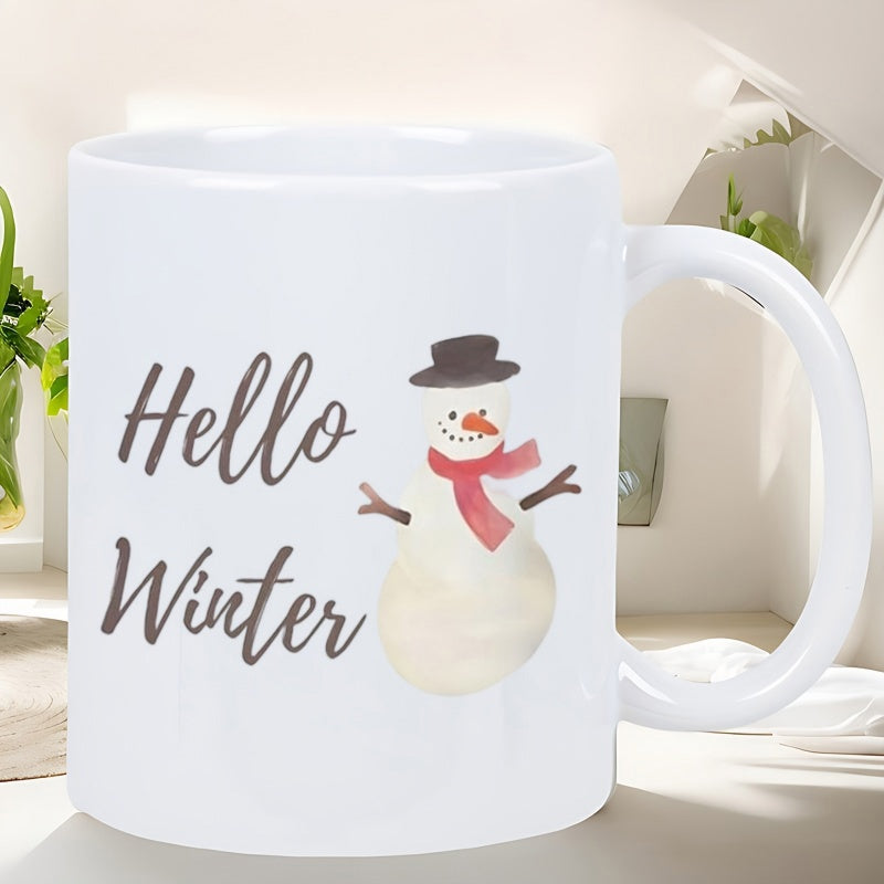 Tailorly White Ceramic 11 oz Mug - Hello Winter Cheerful Watercolor Character Wearing Red Scarf And Black Top Hat Snowman