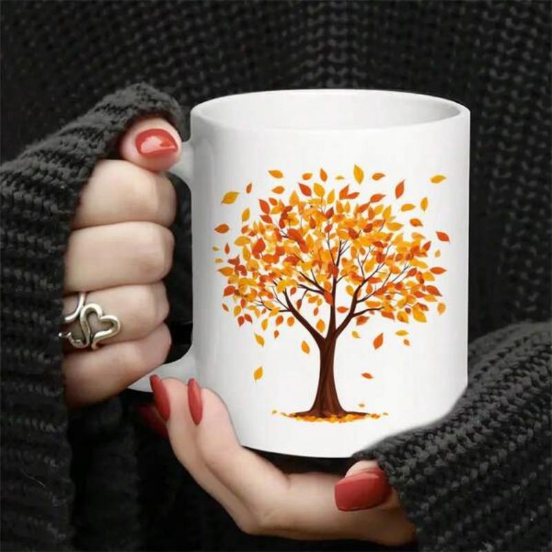 Tailorly White Ceramic 11 oz Mug - Vibrant Autumn Foliage With Golden Leaves Falling From A Sturdy Brown Tree