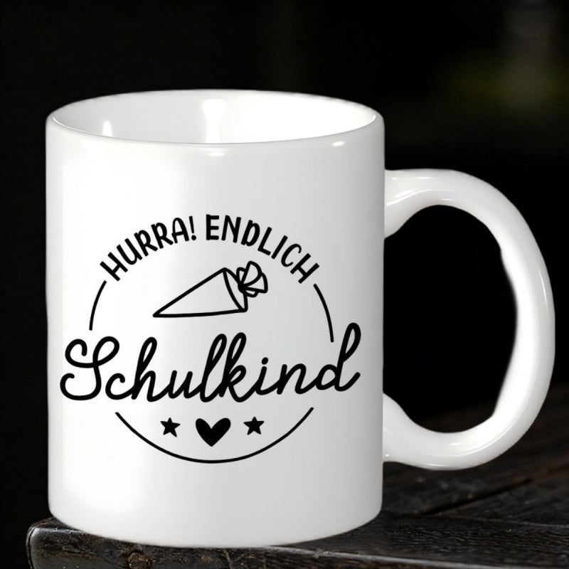 Tailorly White Ceramic 11 oz Mug - Minimalist Black Ink Celebration Design Featuring Tiny Stars And Heart School Cone