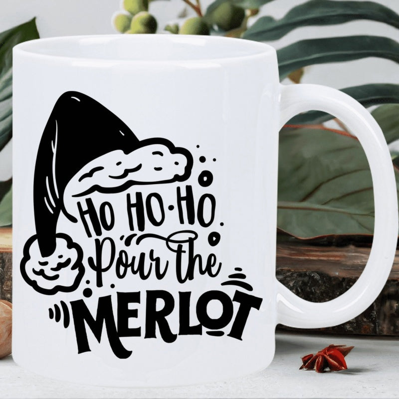 Tailorly White Ceramic 11 oz Mug - Ho Ho Ho Pour The Merlot Classic Seasonal Santa Hat With Minimalist Sparkles And Decorative Dot Accents Hat