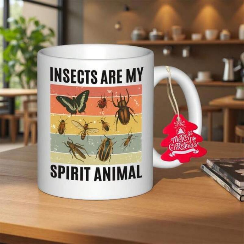 Tailorly White Ceramic 11 oz Mug - Insects Are My Spirit Animal Vintage Retro Sunset Stripes With Various Detailed Flying Crawling Nature Creatures Insects