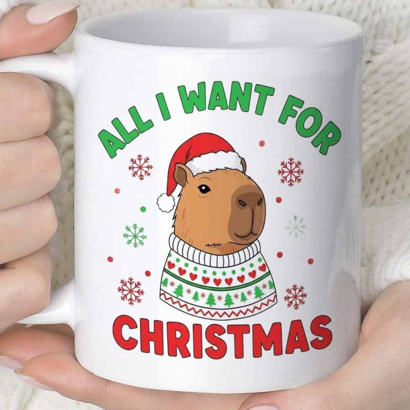 Tailorly White Ceramic 11 oz Mug - All I Want For Christmas Festive Cute Character Wearing Santa Hat Among Falling Snowflakes Capybara