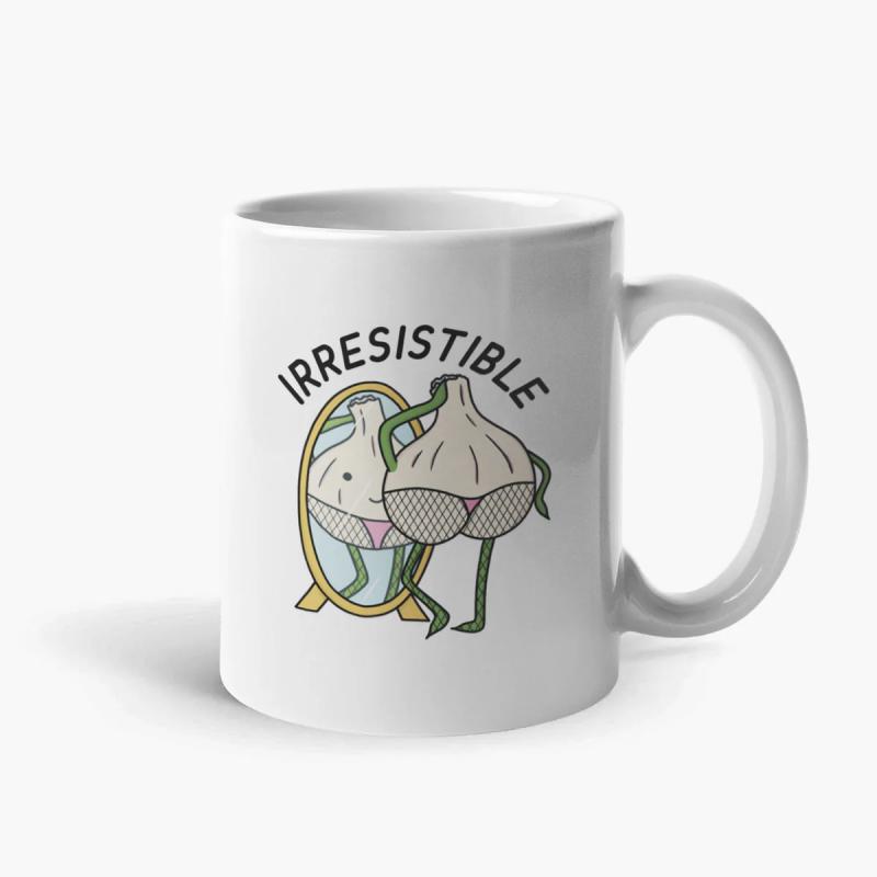 Tailorly White Ceramic 11 oz Mug - Irresistible Funny Clove Wearing Fishnet Stockings Looking Into A Golden Mirror Garlic