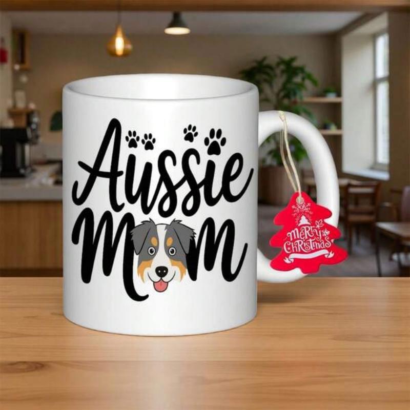 Tailorly White Ceramic 11 oz Mug - Aussie Mom Artistic Paw Prints Scattered Around A Friendly Smiling Shepherd Dog